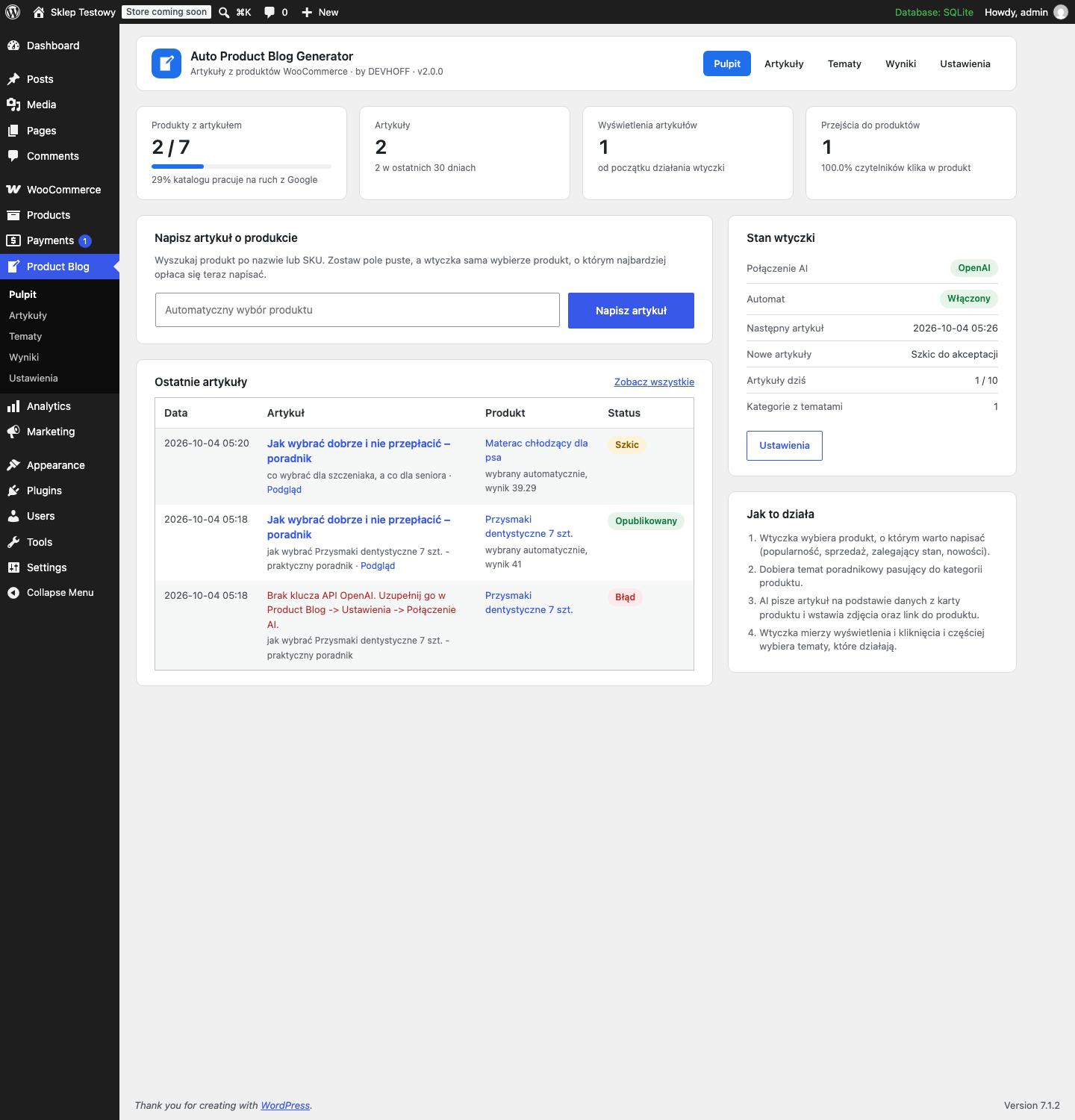 Product Blog Generator WooCommerce — zdjęcie 1